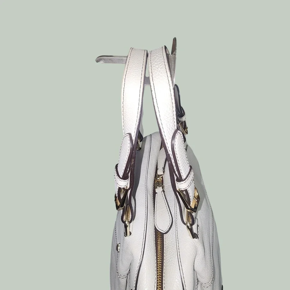 MCM White Pebbled Leather Satchel Bag Gold Hardware Contrast Stitch Logo Lining